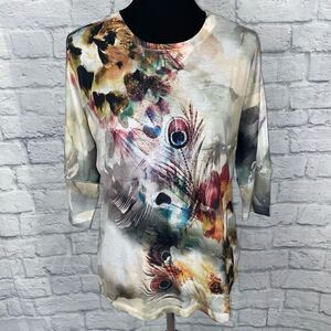 French blue women’s S 3/4 sleeve floral peacock top w/beading
